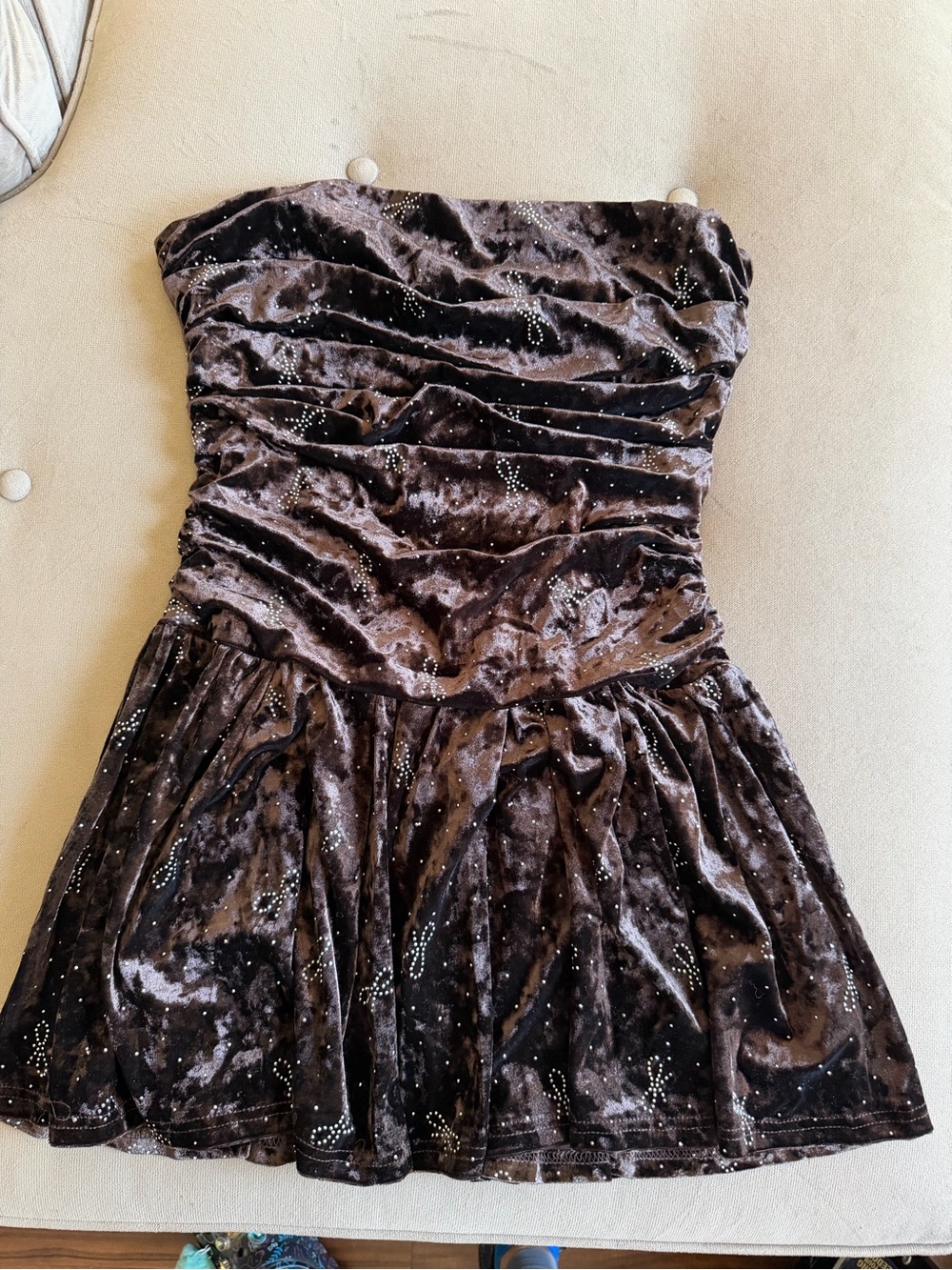 Cider Brown Strapless Velvet Mini with Rhinestone Bow Details